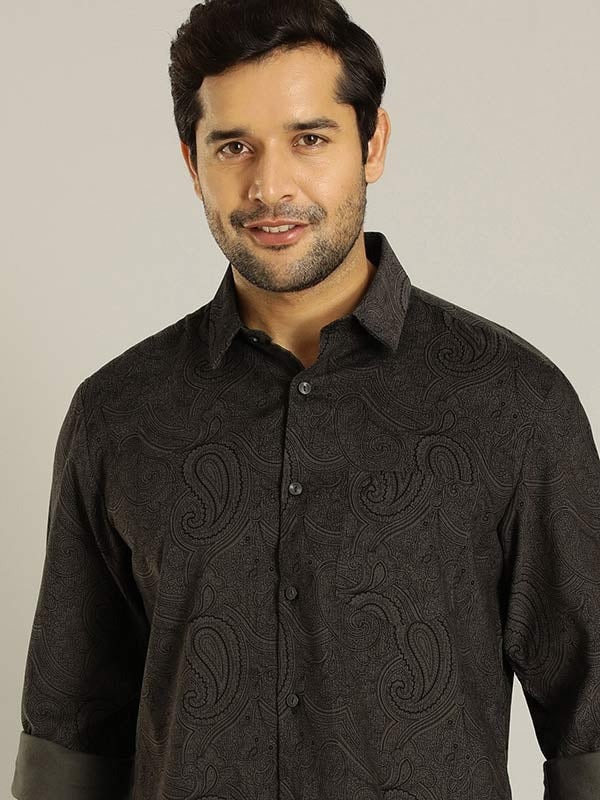 Indian Terrain Men's Slim Fit Full Sleeve All Over Print Grey Shirt